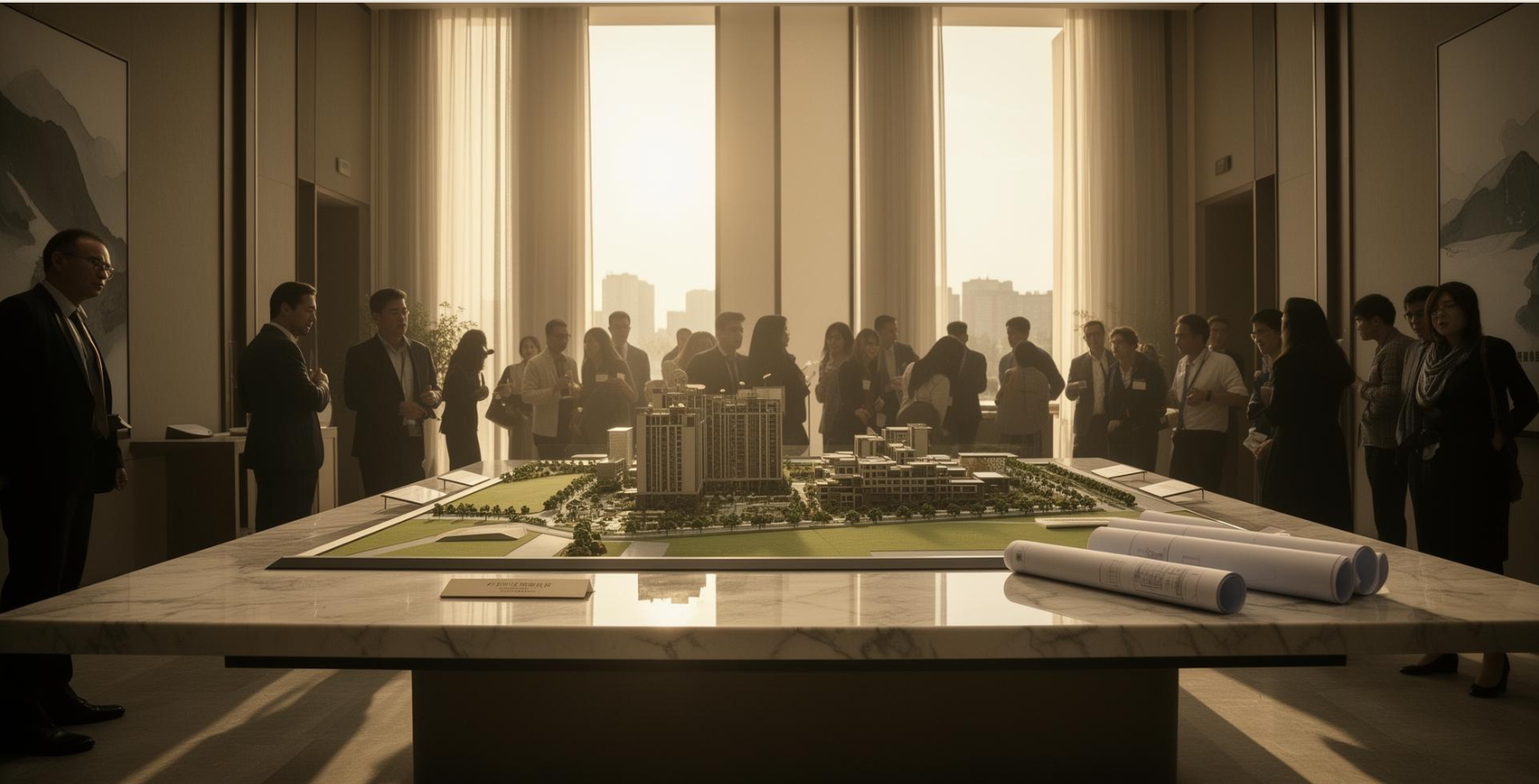 Sales team and buyers at a premium real estate launch, gathered around an architectural model in a sunlit gallery